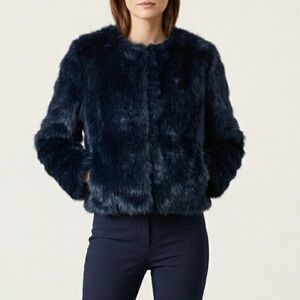 Zara | Navy Blue Faux Fur Jacket Small